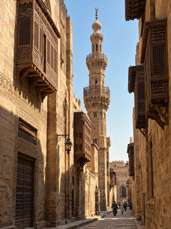 A narrow lane in Islamic Cairo with wooden mashrabiya balconies and a Mamluk minaret