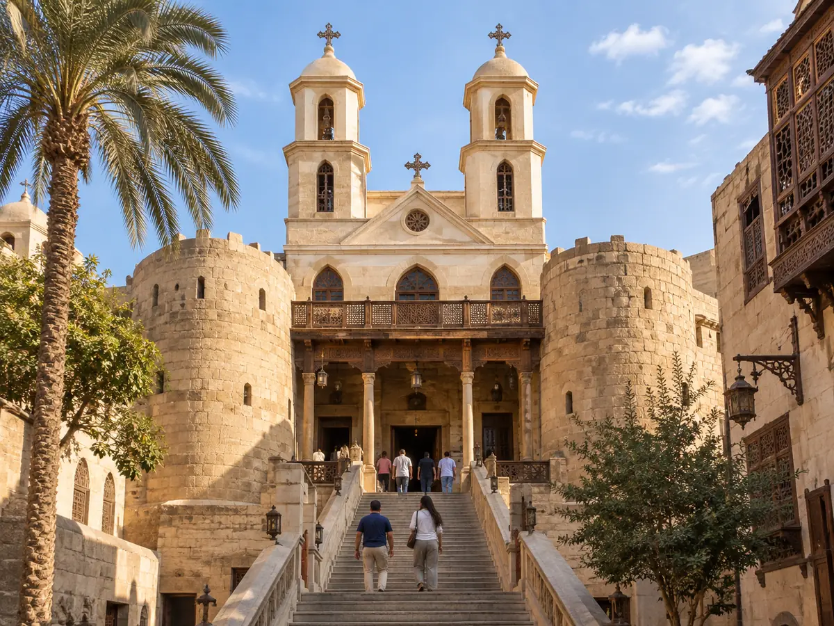 The twin towers and stone stairway of the Hanging Church in Coptic Cairo