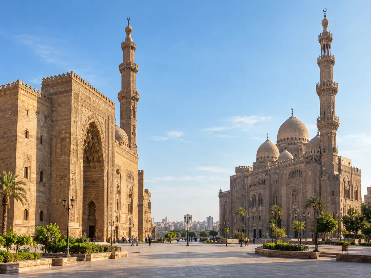 The Sultan Hassan and Al-Rifai mosques facing each other across a square in Cairo