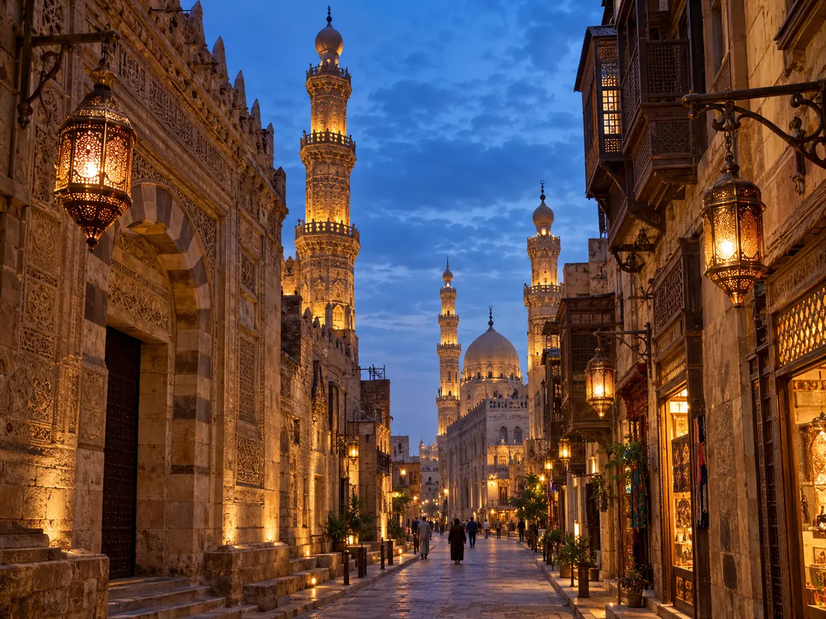Al-Muizz Street at dusk with lanterns, carved facades and minarets