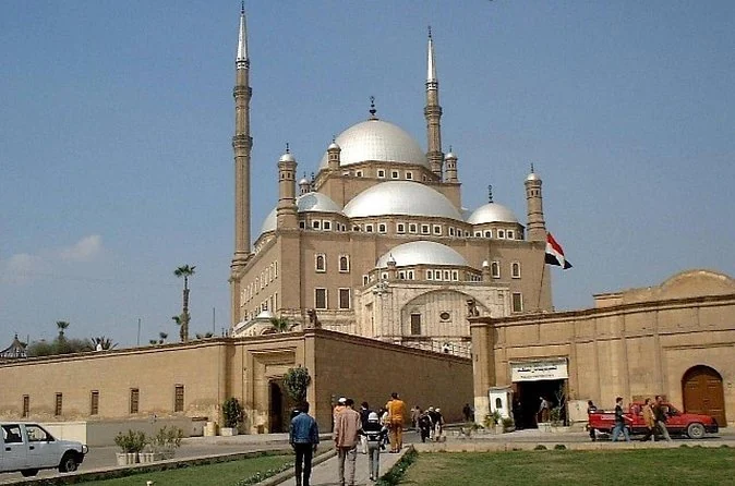 The Muhammad Ali Mosque on the Citadel seen across the plaza, with visitors walking towards it